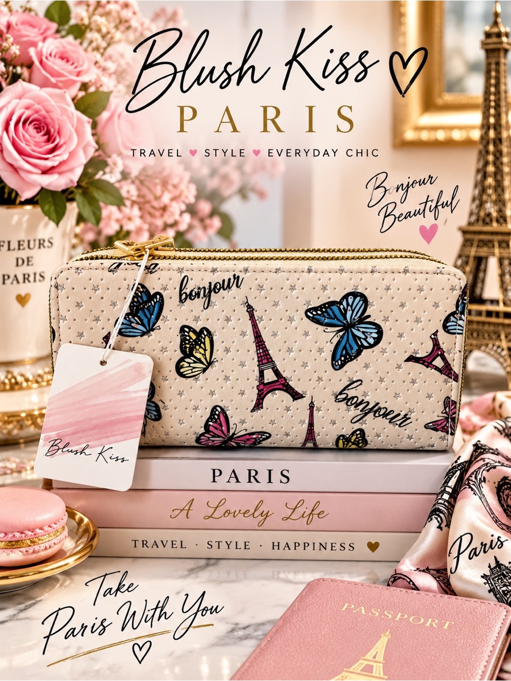 Blush Kiss Chic Bonjour Parisian Women's Clutch With 2 zipper Compartments New